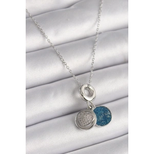 316L Çelik Gümüş Renk Zincir Zirkon Taşlı İşleme Mavi Simli Kadın Kolye