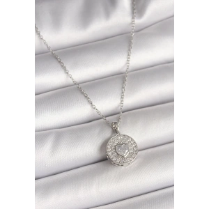316L Çelik Gümüş Renk Zincir Zirkon Taşlı Kalp İşlemeli Madalyon Model Kadın Kolye