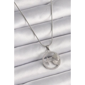 316L Çelik Gümüş Renk Zincir Zirkon Taşlı Yıldız Madalyon Model Kadın Kolye