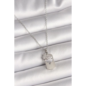 316L Çelik Gümüş Renk Zincir Zirkon Taşlı Yonca Model Kadın Kolye