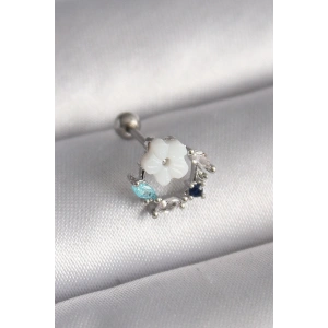 316L Çelik Gümüş Renk Zirkon Taş Detay Beyaz Çiçek Model Tragus Piercing