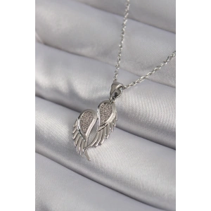 316L Çelik Gümüş Renk Zirkon Taşlı Kanat Model Kadın Kolye
