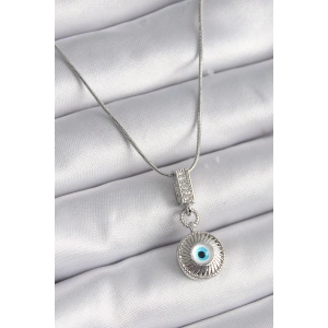 316L Çelik Gümüş Renk Zirkon Taşlı Nazar Boncuk Model Kadın Kolye
