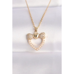 316L Çelik Zincir Altın Renk İnci Taş Detay Zirkon Taşlı Kalp Kolye