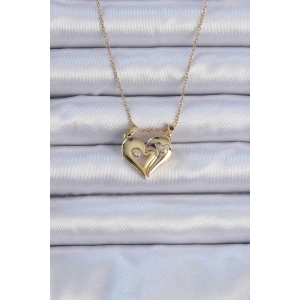 316L Çelik Zincir Altın Renk Zirkon Taşlı Mıknatıslı Kalp Kolye
