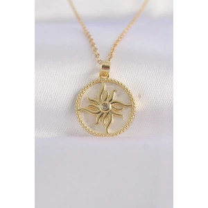 316L Çelik Zincir Altın Renk Zirkon Taşlı Oval Tasarım Güneş Kolye