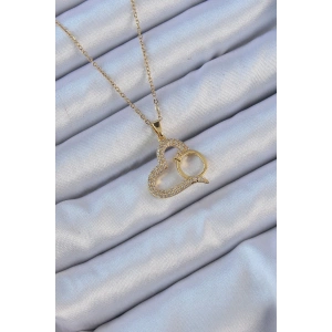 316L Çelik Zincir Altın Renk Zirkon Taşlı Yüzüklü Kalp Kolye