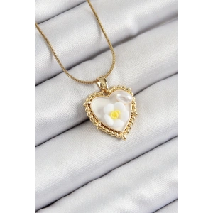 316L Çelik Zincir Beyaz Sanatsal Portre İnci Detaylı Papatya Figürlü Kalp Model Gold Renk Kadın Kolye