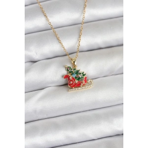 316L Çelik Zincir Gold Renk Kızak ve Çam Ağacı Figürlü Yılbaşı Temalı Kadın Kolye