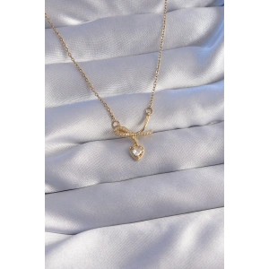 316L Çelik Zincir Gold Renk Zirkon Taşlı Yarım Fiyonk Kalp Kolye