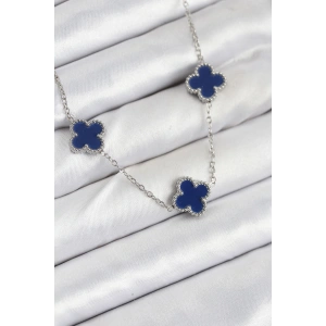 316L Çelik Zincir Gümüş Lacivert Renk Yonca Kadın Kolye