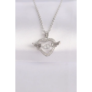 316L Çelik Zincir Gümüş Renk Zirkon Taşlı Kanatlı Kalp Kolye