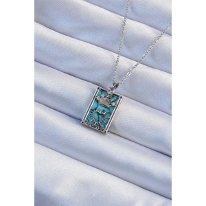 316L Çelik Zincir Gümüş Renk Zirkon Taşlı Mavi Mermer Desenli Taç Model Tarot Kolye