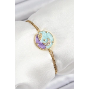 316L Çelik Zincir Mineli Sanatsal Portre Zirkon Taşlı Gezegen Model Gold Renk Kadın Bileklik