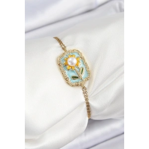 316L Çelik Zincir Turkuaz Mineli Sanatsal Portre İnci Detaylı Papatya Model Gold Renk Kadın Bileklik