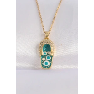 316L Çelik Zincir Zirkon Taşlı Altın Renk Nazarlı Terlik Tasarımlı Kolye