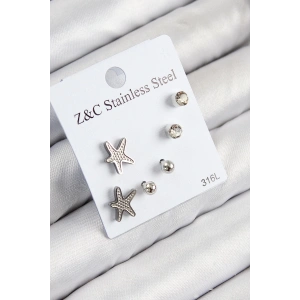 316L Çelik Zirkon Taşlı Deniz Yıldızı Model Gümüş Renk Kadın Set Küpe