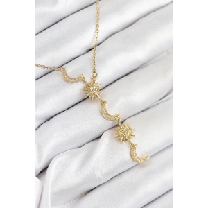 316L Çelik Zirkon Taşlı Güneş Ve Ay Model Gold Renk Kadın Kolye
