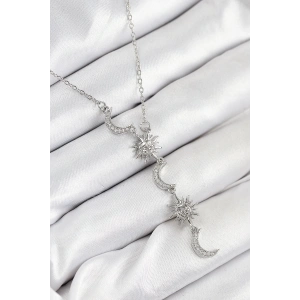 316L Çelik Zirkon Taşlı Güneş Ve Ay Model Gümüş Renk Kadın Kolye
