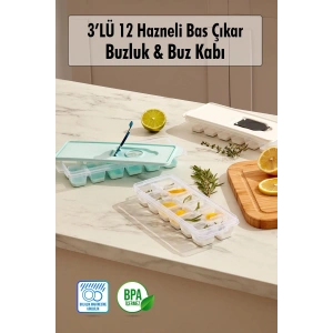 3’lü Set 12 Hazneli Bas Çıkar Buzluk & Buz Kabı