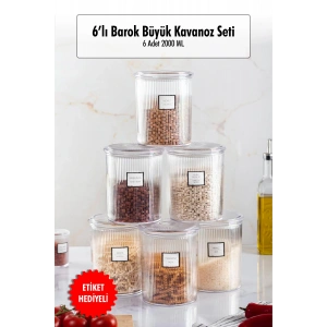 6lı Barok Yuvarlak Büyük Kavanoz Seti & Saklama Kabı & Erzak Kabı (6*2000 ML)