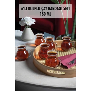 6lı Keyfi Ala Borosilikat Cam Kulplu Çay Bardağı