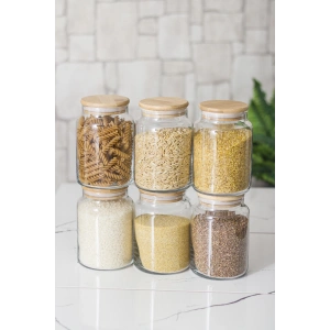 6 Lı Set Bambu Kapaklı Cam Kavanoz & Erzak Saklama Kabı 800 ml Orta  Boy ( Vakum Kapak )