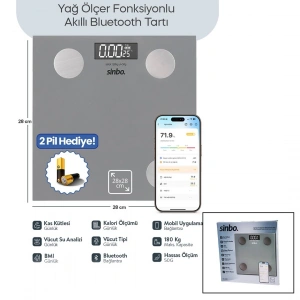 GRİ YAĞ ÖLÇER AKILLI BLUETOOTH CAM BASKÜL PİLLİ 180KG/50GR 28X28CM 8-KİŞİ HAFIZA LCD EKRAN ℃ GÖSTERGE SBS-4469 (5468)