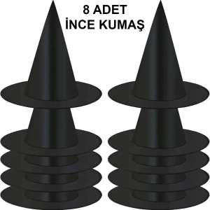 8 Adet Siyah Cadı Şapkası – Yetişkin  Çocuk Kostüm Aksesuarı