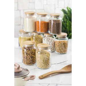 9 Lu Set Bambu Kapaklı Cam Kavanoz & Erzak Saklama Kabı 800 ml Orta  Boy ( Vakum Kapak )