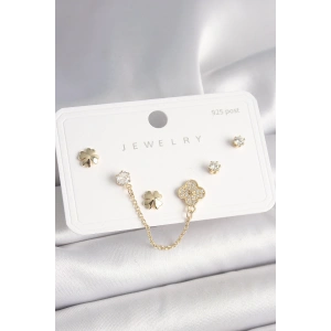 925 Ayar Gümüş Çivi Pirinç Gold Renk Zirkon Taşlı Yonca Model Sallantı Zincir Detay Kadın Küpe Seti