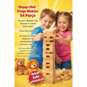 Ahşap Cilalı Denge Blokları 54 Parça – Eğitici ve Eğlenceli Çocuk Oyunu