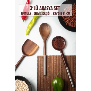 Akasya 3 lü Servis Kaşığı & Servis Kevgiri & Servis Spatulası & Salata Servis Seti