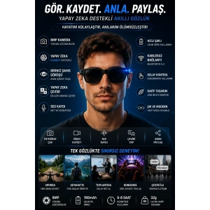 Akıllı Gözlük Kameralı Mikrofonlu Hızlı Şarj Yapay Zeka Akıllı Çeviri 8MP Bluetooth