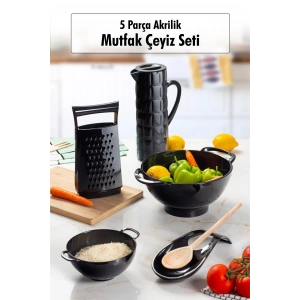 Akrilik Siyah 5 Parça Sürahi & Rende & Süzgeç & Mini Süzgeç & Kaşıklık & Mutfak Çeyiz Seti