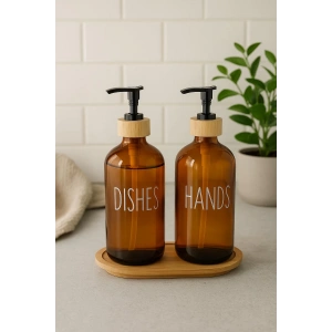 Amber Cam İkili Sıvı Sabunluk Seti 500 ml Bambu Altlıklı