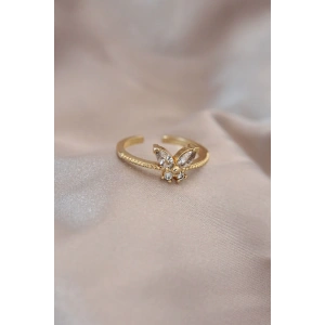 Ayarlamalı Altın Renk Metal Zirkon Taş ve Kristal Taşlı Kelebek Model Yüzük