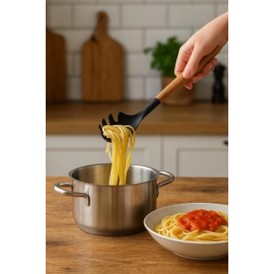 Bambu Saplı Silikon Spagetti Makarna Servis Kaşığı Siyah