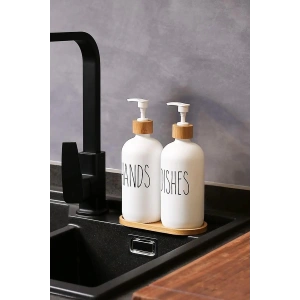 Beyaz Cam İkili Sıvı Sabunluk Seti 500 ml Bambu Altlıklı