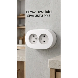 Beyaz Çift Girişli Topraklı Sıva Üstü Elektrik Prizi, Modern Tasarım