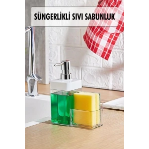 Beyaz Renkli Sıvı Sabunluk Süngerlik Hazneli 450 ml