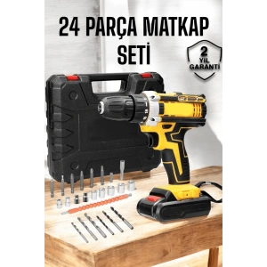 Çift Bataryalı Metal Dişli Darbeli Şarjlı Matkap Seti 24W Güç ve 24 Parça Aksesuar
