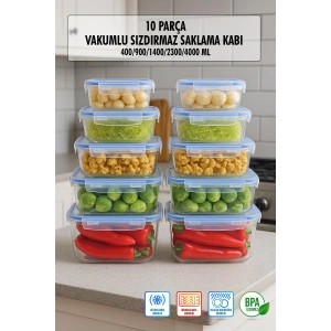 Dikdörtgen 10 Parça Contalı Vakumlu Sızdırmaz Hava Almaz Saklama Kabı Seti 2x(4000/2300/1400/900/400 Ml)