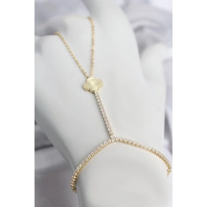 Gold Renk Pirinç Lazerli Yonca Model Zirkon Taşlı Şahmeran
