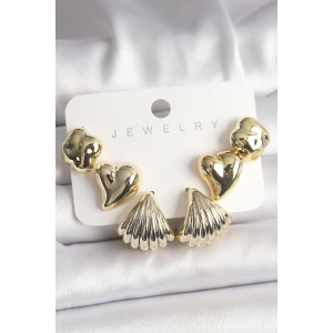 Gold Renk Yonca Kalp Deniz Kabuğu Figür CCB Kadın Küpe Seti