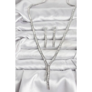 Gümüş Renk Baget Zirkon Taşlı Kadın Kolye Küpe Set