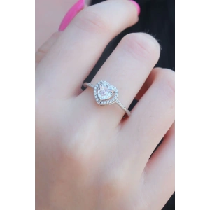 Gümüş Renk Zirkon Taşlı Kalp Model Charm Pirinç Kadın Yüzük