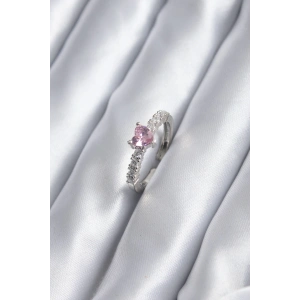 Gümüş Renk Zirkon Taşlı Pembe Kristal Kalp Model Kadın Yüzük