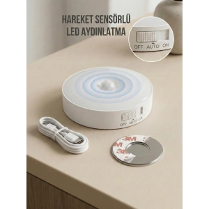 Hareket Sensörlü Yuvarlak LED Aydınlatma & USB Şarjlı Pratik Gece Lambası (8 cm)