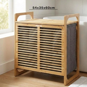 KALIN AHŞAP BAMBU 2 BÖLMELİ KİRLİ ÇAMAŞIR SEPETİ KUMAŞ ÇANTALI SEPET=54X35X60CM (5468)